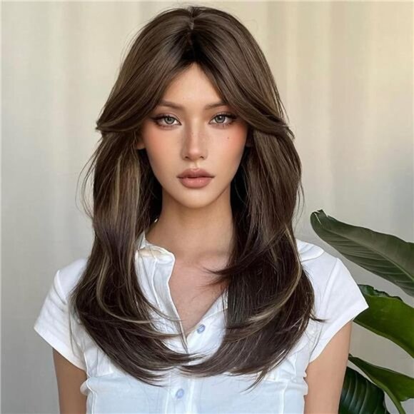 Wigs for Women Layered Synthetic Hair Wig with Highlight - Brown with highlights